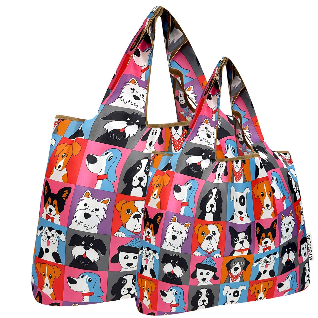 Wrapables Large & Small Foldable Tote Nylon Reusable Grocery Bags, Set of 2, Cute Dogs